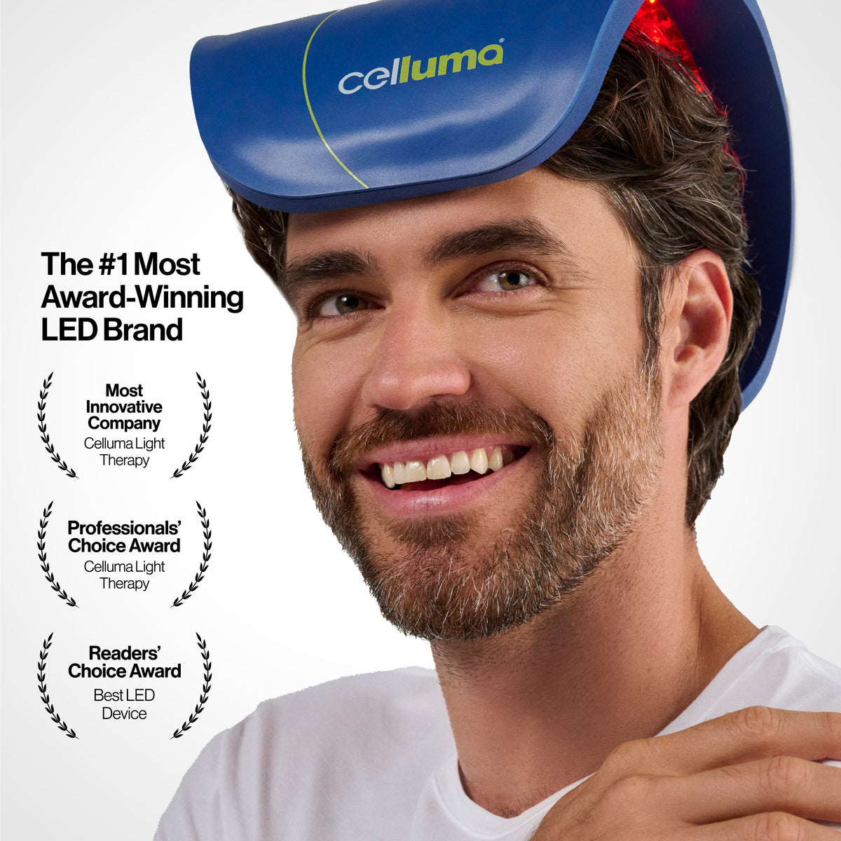 Man wearing a LED light therapy device on his head with 'Celluma' branding, surrounded by award text on a white background explaining that Cellum is the #1 award-winning LED brand in the world.