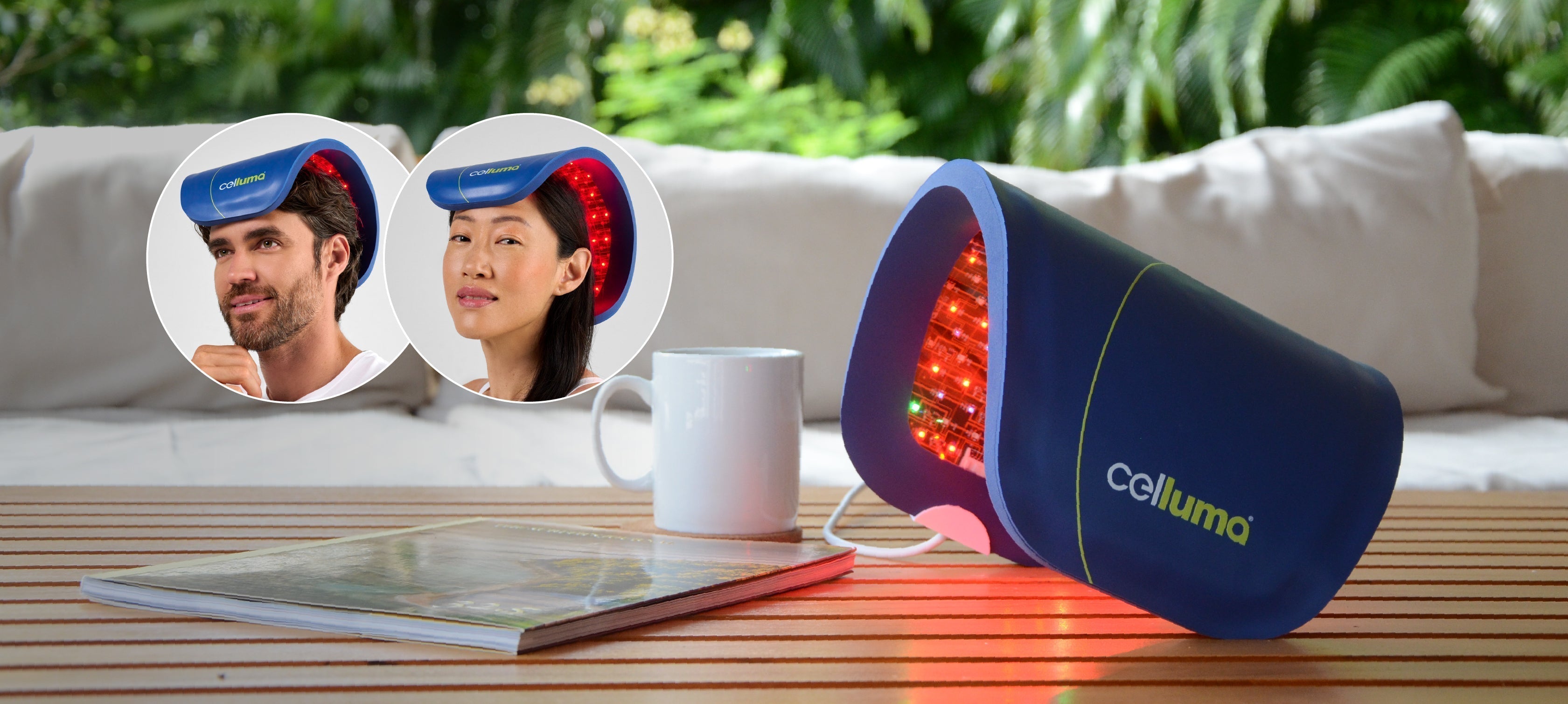 Celluma red light therapy device sitting on a coffee table next to a coffee mug. Two small images of a man and woman using Celluma for hair loss treatment are overlaying the main image.