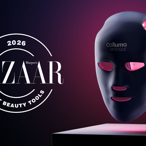 Mystique LED mask lit up and floating with the Harper's Bazaar logo to the left that says 2026 Best Beauty Tools.