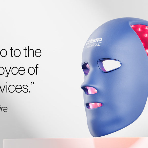 Mystique mask on the right lit up against a white background with the quote 
