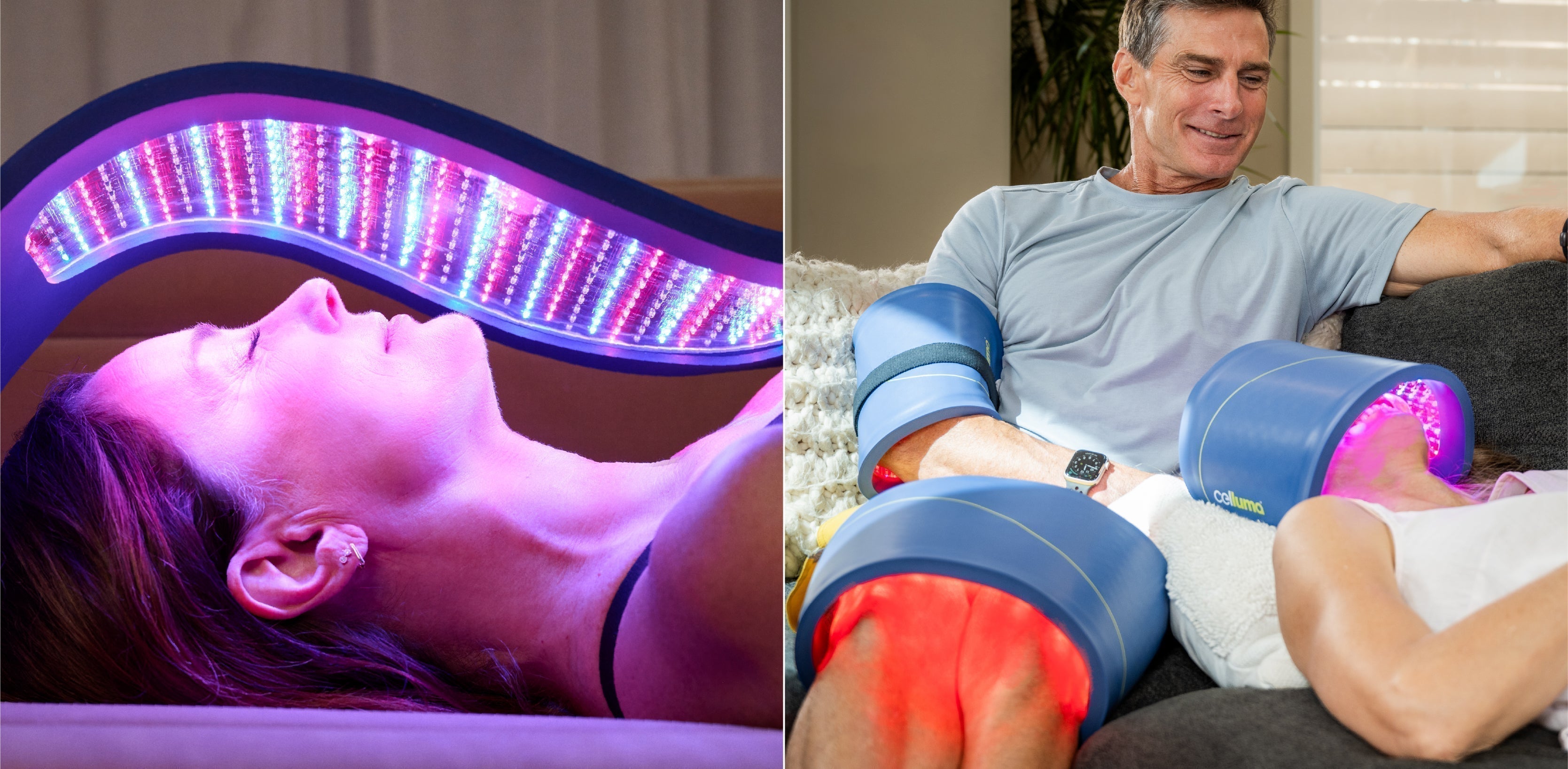Two side-by-side images of people using Celluma LED light therapy devices for 10 minutes per day and 30 minutes per day