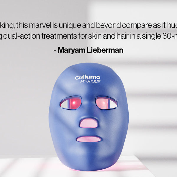 Celluma MYSTIQUE Mask on a white background with a quote from the article above the mask.