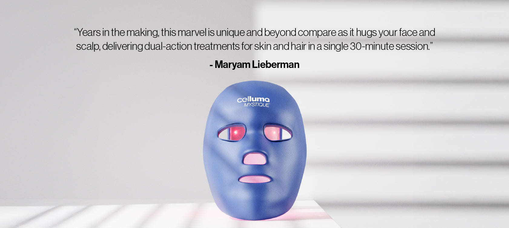 Celluma MYSTIQUE Mask on a white background with a quote from the article above the mask.