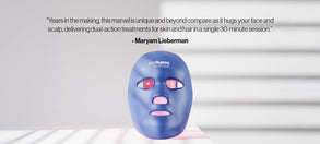 Celluma MYSTIQUE Mask on a white background with a quote from the article above the mask.