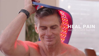 Man using Celluma near-infrared red LED light therapy device on head and neck to heal pain and recover faster