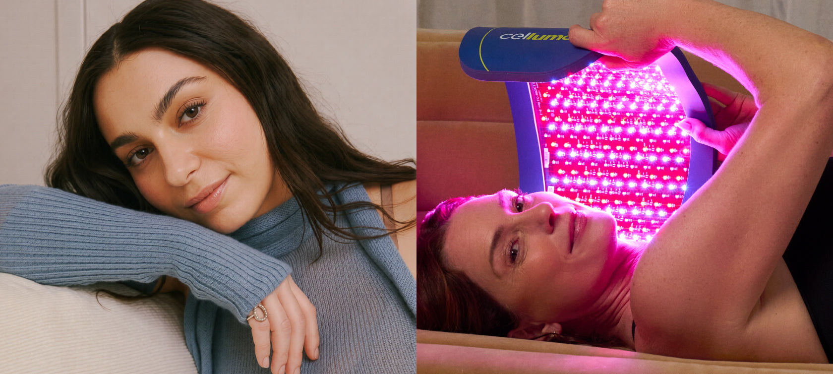 Split image of Into the Gloss on the left and a woman lying on a couch putting a Celluma PRO over her face on the right.