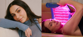 Split image of Into the Gloss on the left and a woman lying on a couch putting a Celluma PRO over her face on the right.