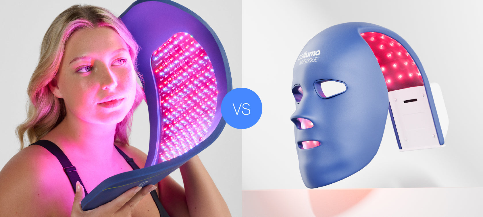 Left side of this split image shows a young woman holding up a Celluma LED panel to her face and the right side of the image shows a Celluma MYSTIQUE mask.