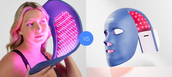 Left side of this split image shows a young woman holding up a Celluma LED panel to her face and the right side of the image shows a Celluma MYSTIQUE mask.