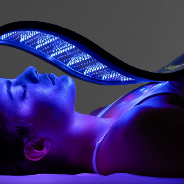 Woman using a large Celluma LED light therapy panel in blue light mode to treat acne and skin