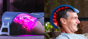 Split image with a woman lying under a Celluma PRO in the S-curve over her face and neck on the left and a man with a Celluma RESTORE on his head on the right.
