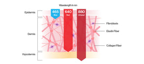 LED light therapy wavelengths diagram showing Blue Light 400–495 nm for acne, Red Light 630–700 nm for collagen and anti-aging, and Near Infrared Light 700–1000 nm for pain relief and deep tissue treatment