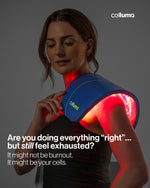 Woman using Celluma LED light therapy device on shoulder and neck for muscle recovery, wellness, and cellular energy support.