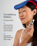 Woman using Celluma LED light therapy hair treatment device while holding RESTORE Hair Serum for hair growth and scalp wellness