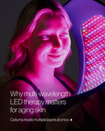 Woman using Celluma multi-wavelength LED light therapy device for anti-aging skin treatment and facial rejuvenation.