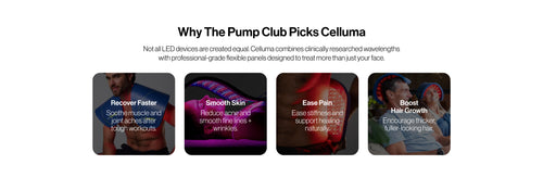 Celluma LED light therapy benefits for Pump Club members, including recovery, skin, pain relief, and hair growth support.
