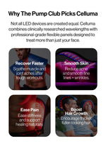 Celluma LED light therapy benefits for Pump Club members, including recovery, skin, pain relief, and hair growth support.