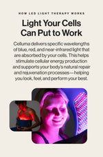 Celluma LED light therapy uses blue, red, and near-infrared wavelengths to support cellular energy, repair, and rejuvenation.