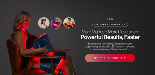 Advertisement for Celluma Contour Plus LED system with text and images of people using the 5-mode, multi-panel device for body contouring, hair growth, and more.