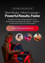 Advertisement for Celluma Contour Plus LED system with text and images of people using the 5-mode, multi-panel device for body contouring, hair growth, and more.
