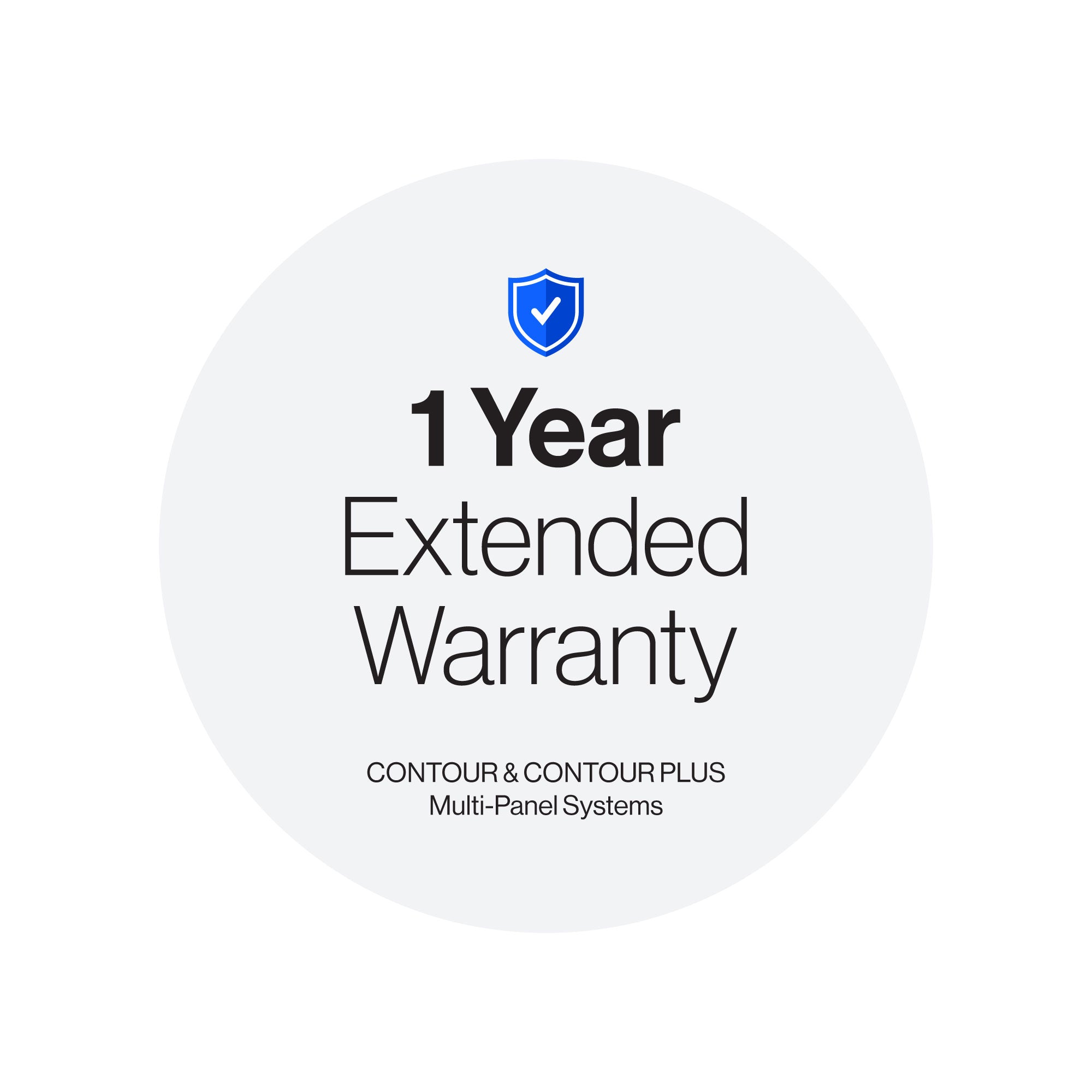 1 Year Extended Warranty badge for Contour and Contour Plus Multi-Panel Systems on a white background