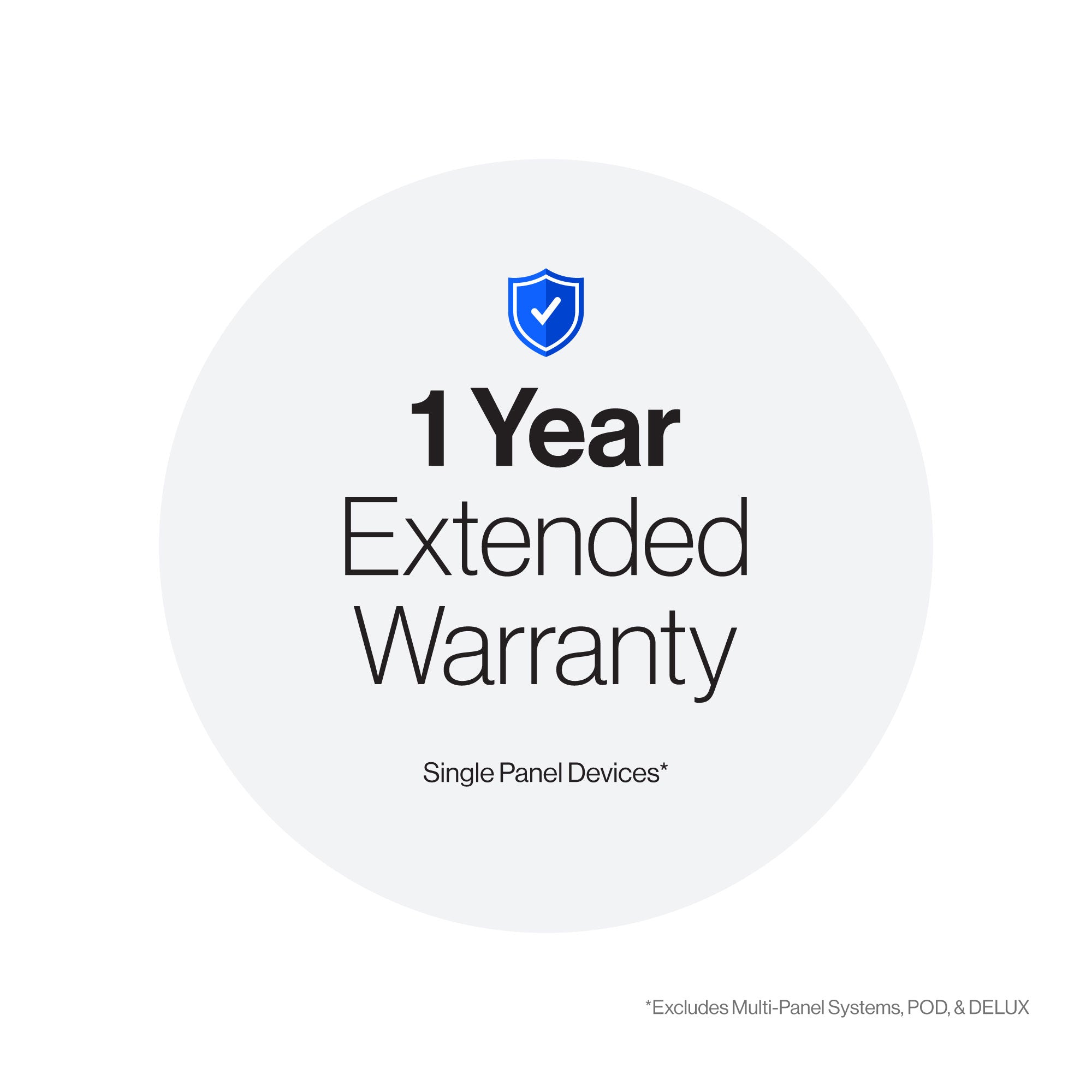 1 Year Extended Warranty badge with a blue shield icon on a white background