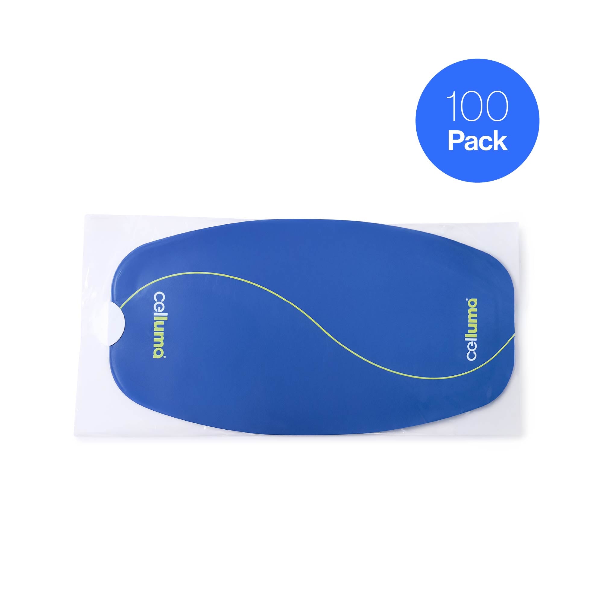 Celluma blue protective barrier covers for LED light therapy panels, 100-pack disposable accessories for hygiene and treatment surface protection.