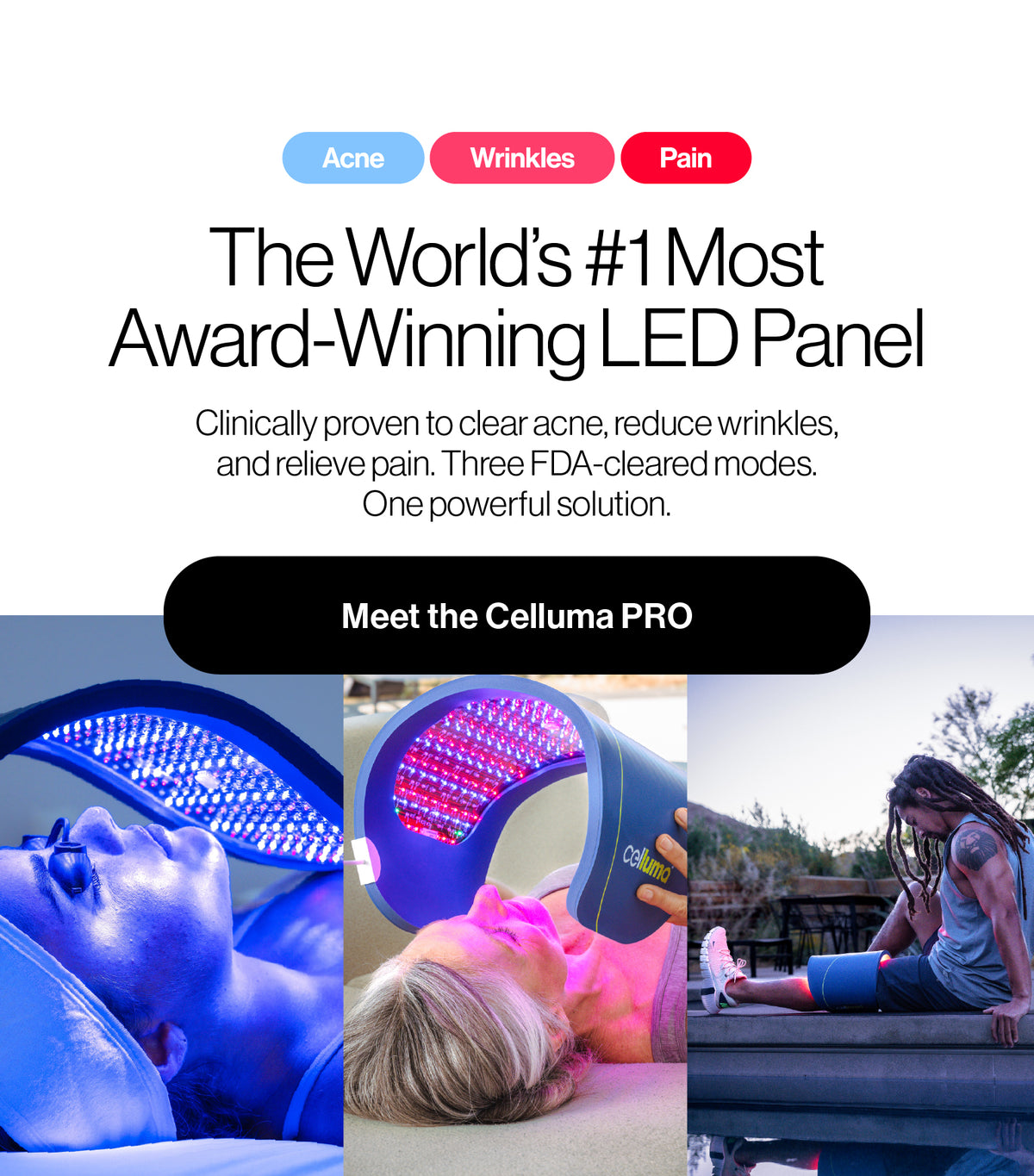 Advertisement for the Celluma PRO LED panel with images of people using it.