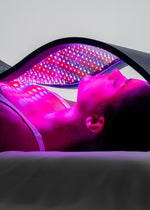 The all-new, 4-mode Celluma PRO PLUS. Woman lying down receiving LED light therapy facial treatment to reduce wrinkle