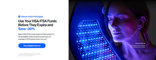 Person using a device with blue LED lights, promotional text about HSA/FSA funds.