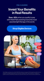 Promotional graphic for a light therapy device featuring a woman sitting in a chair