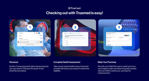 Truemed checkout process with three steps on a blue background