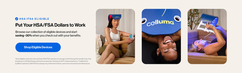 Promotional Celluma banner for an HSA/FSA eligible LED light therapy product
