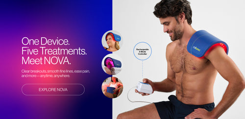 New Celluma NOVA LED light therapy device with 5-modes in a single device. Man after a workout is wearing the LED panel on his shoulder to treat pain, along with 3 other body positions shown for treating the scalp for hair growth, the face for wrinkle reduction, and the abdomen for LED body contouring with red light therapy.