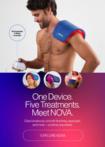 New Celluma NOVA LED light therapy device with 5-modes in a single device. Man after a workout is wearing the LED panel on his shoulder to treat pain, along with 3 other body positions shown for treating the scalp for hair growth, the face for wrinkle reduction, and the abdomen for LED body contouring with red light therapy.