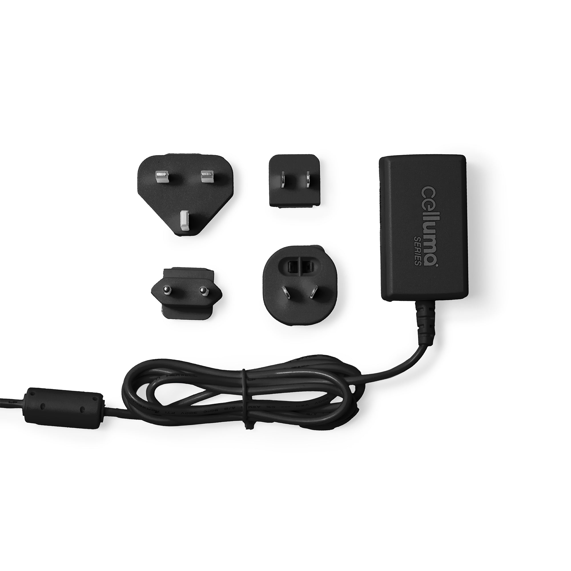 Celluma Series 1 power adapter with interchangeable international plug attachments and charging cable for LED light therapy devices.