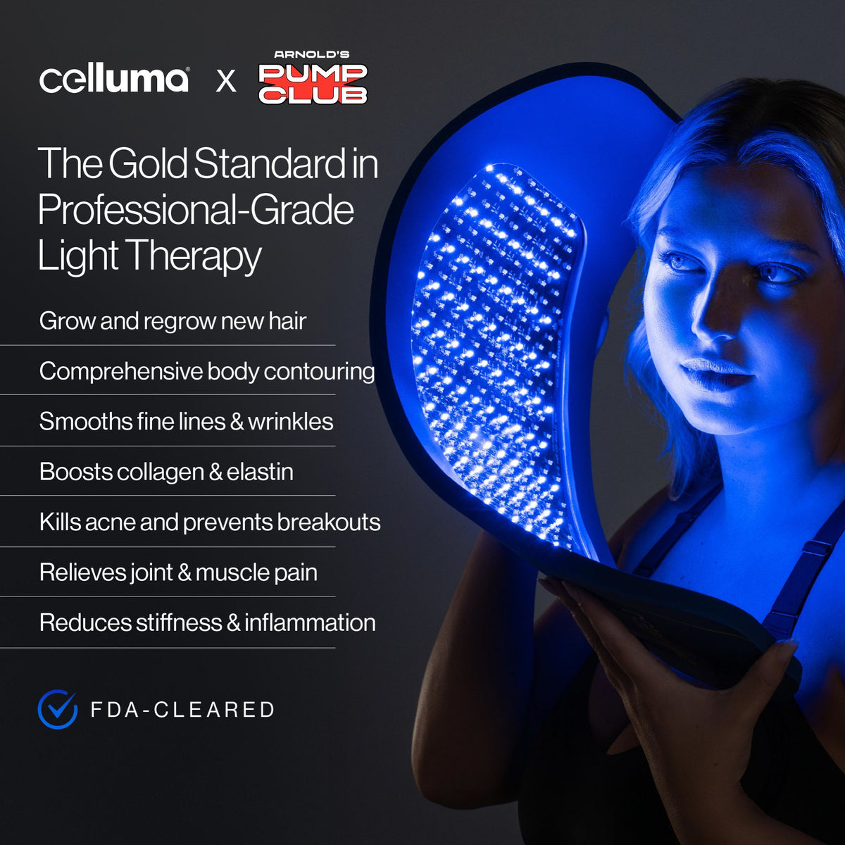 Person using a light therapy device with Celluma and Pump Club branding, highlighting its benefits.