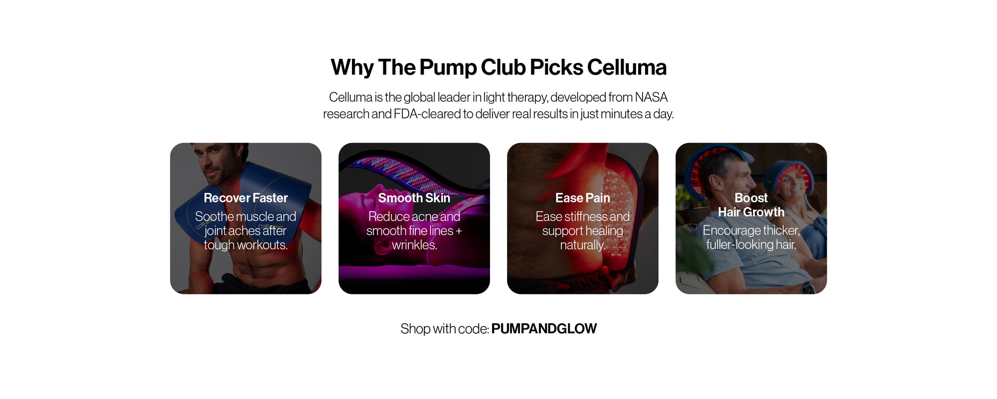 Promotional banner for Pump Club's Celluma treatment with images of people and text on a white background.