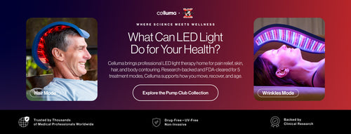 Promotional banner for collumo LED light therapy, featuring a central text section titled 'What Can LED Light Do For Your Health?' with two side panels showing 'Hair Mode' and 'Wrinkles Mode' in use, set against a dark purple and red gradient background.