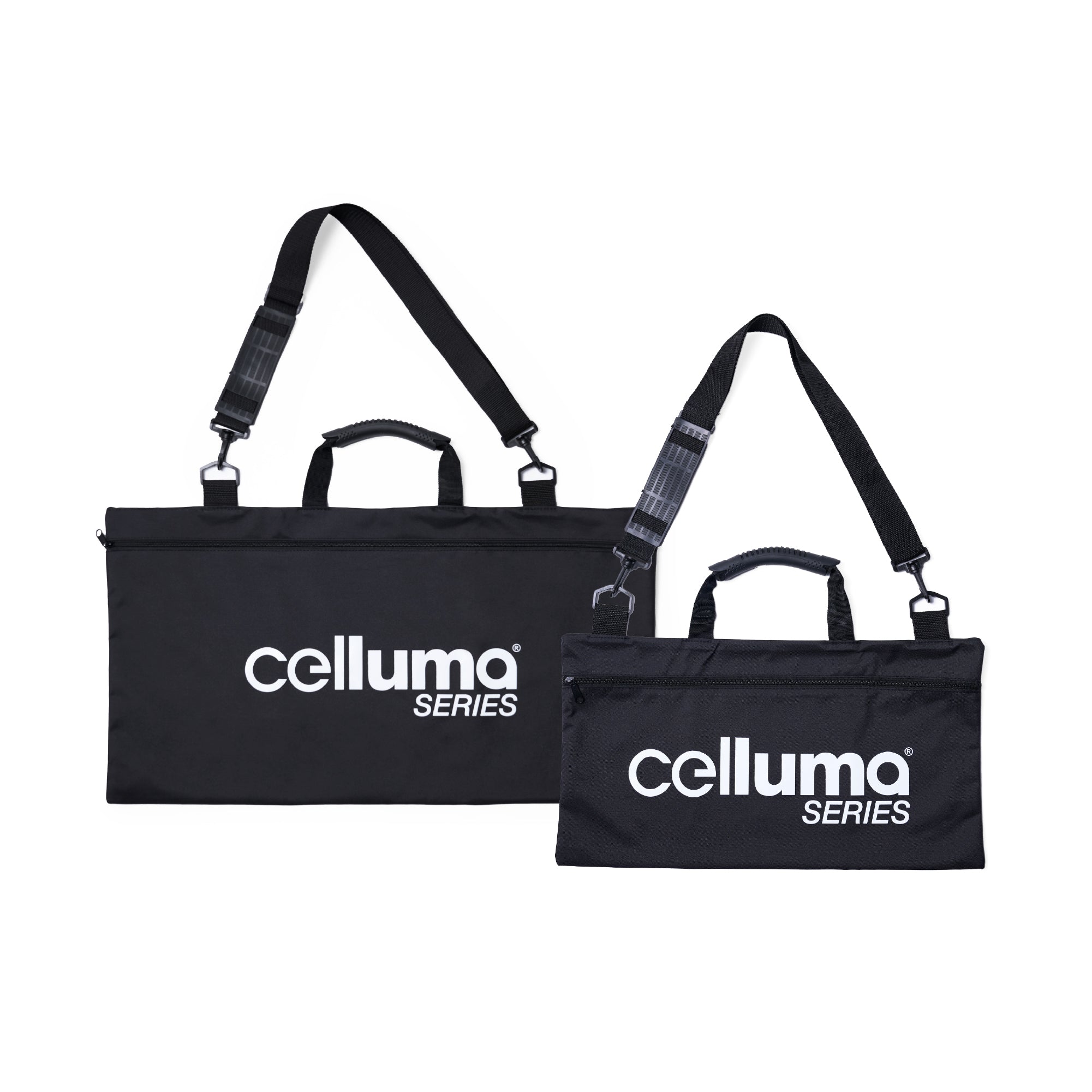 Celluma Series tote bags in large and compact sizes with shoulder straps, zippered closures, and carry handles for transporting LED light therapy devices and accessories