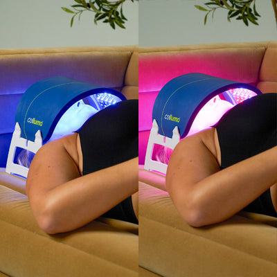 Person using a Celluma LED light therapy device for a facial rejuvenation treatment depicting two different images and treatment modes for acne (left) and wrinkles (right).