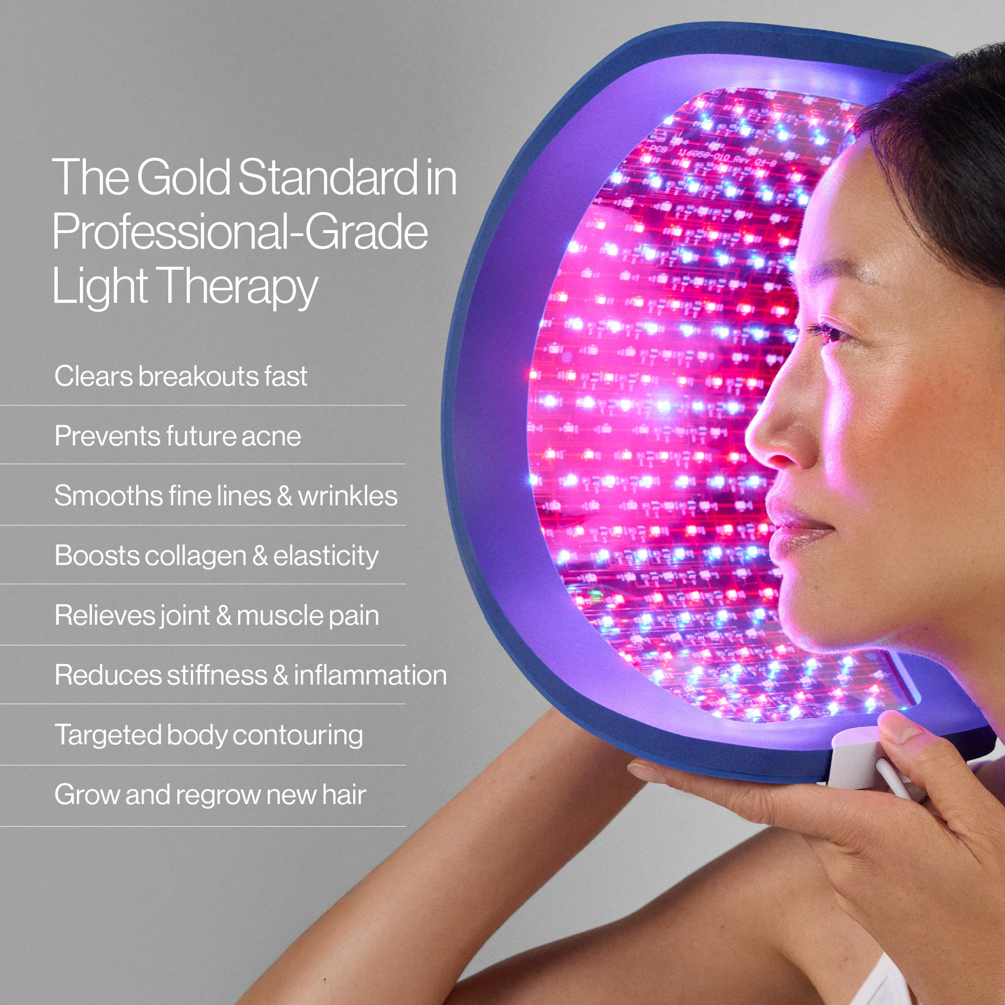 Person using a multi-wavelength LED red light therapy device with text highlighting its benefits of the device for professional-grade LED red light therapy.